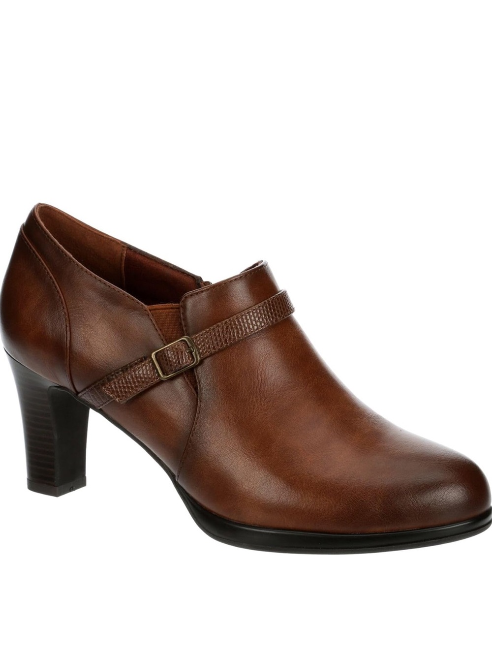 Women's Brown Leather Mid-Heel Slip-On with Decorative Buckle NWOT